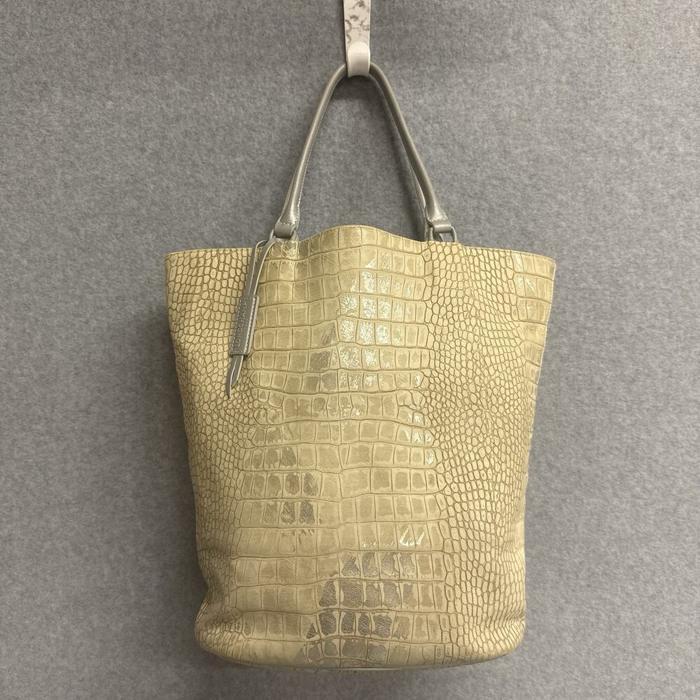 LONGCHAMP Cream Leather Bucket Tote - Croco Embossed - VTG Y2K Eco Chic
